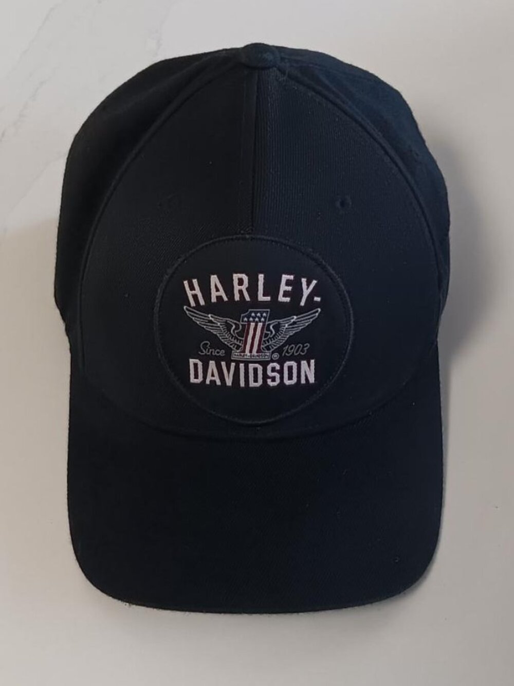 HARLEY DAVIDSON Flex Fit Cap Red White Blue Iconic Winged Number 1 Size L/XL